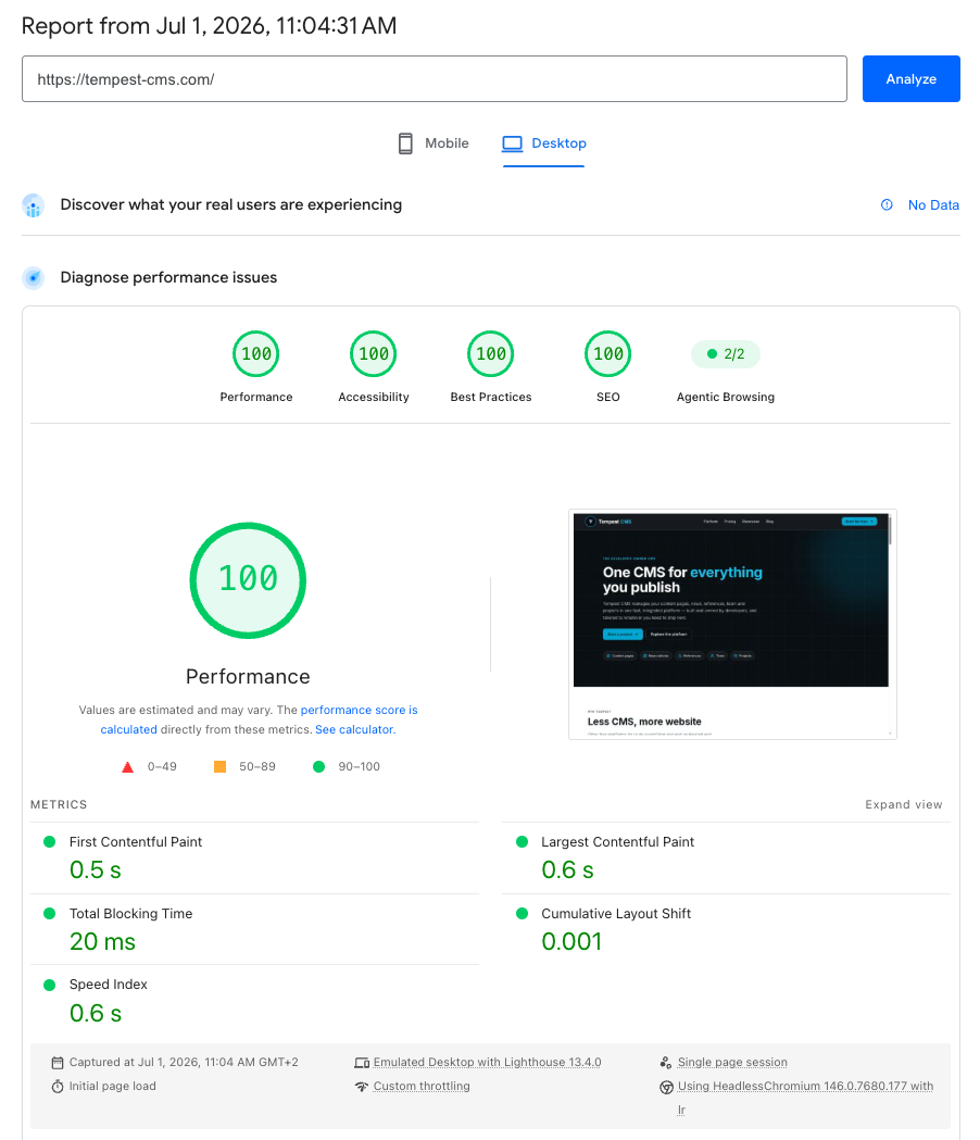 PageSpeed Insights report for A perfect 100, on every score